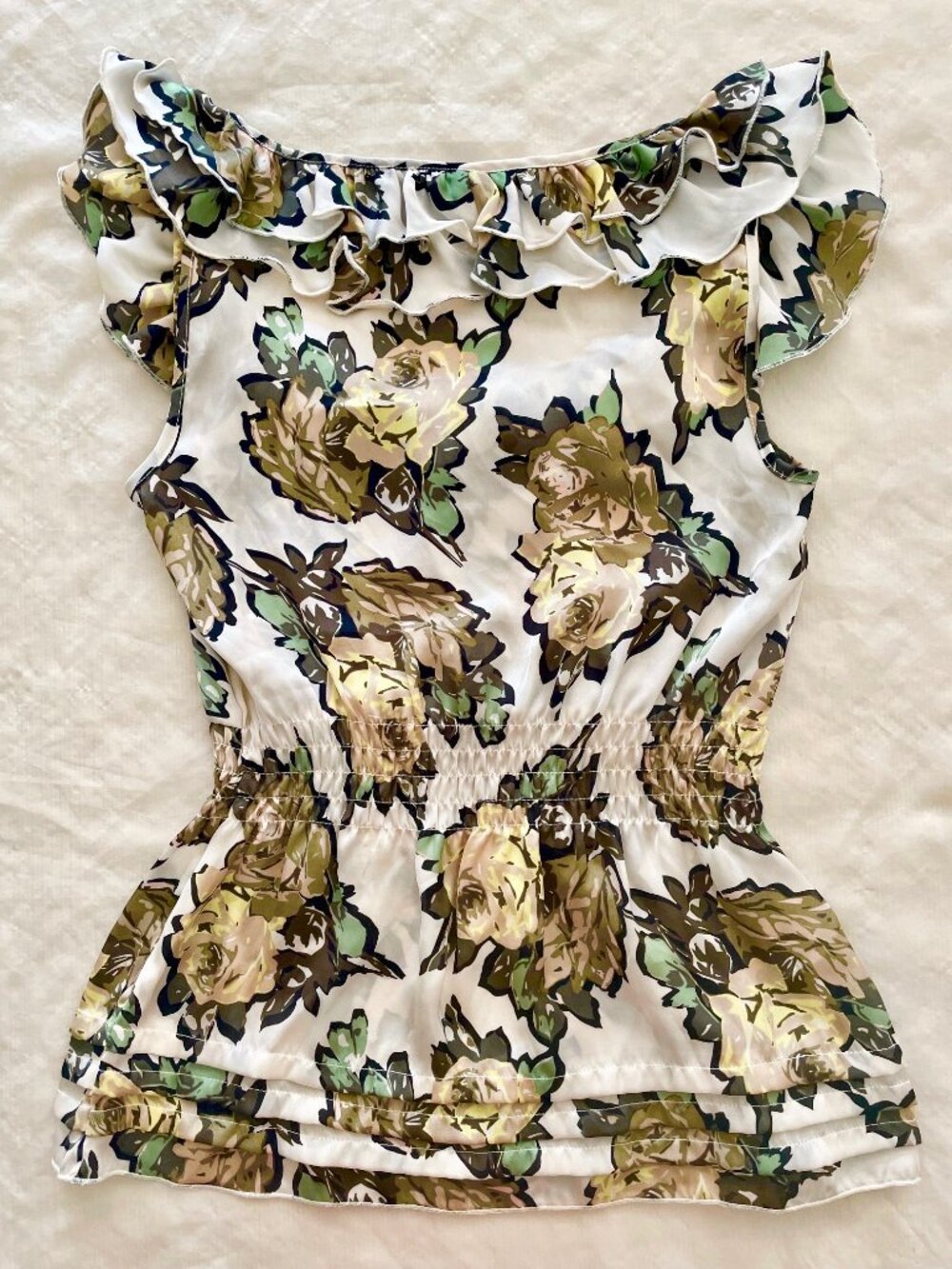 CANDIE'S BEIGE FLORAL ROSES RUFFLE SLEEVELESS DRESS SHIRT TOP BLOUSE CANDIES XS - Picture 9 of 12